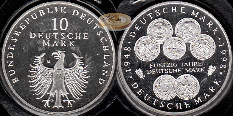 Германия (ФРГ). 10 марок. 1998 G (Proof. Серебро)