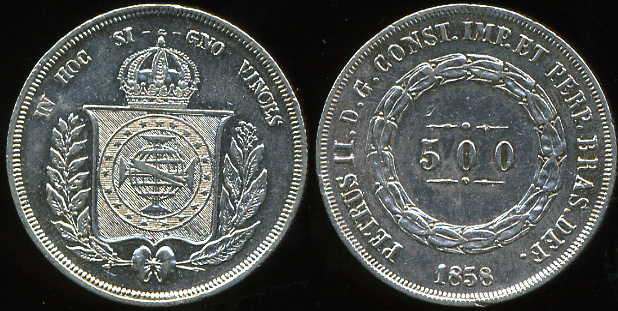 Бразилия. 500 рейс. 1858 (aUnc) Серебро