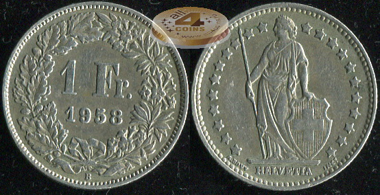 Швейцария. 1 франк. 1958 (aUnc. Серебро)