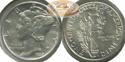 США. 10 центов [Дайм]. 1939 (Unc. Серебро)