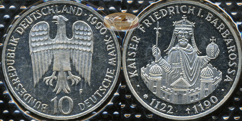 Германия (ФРГ). 10 марок. 1990 F (Proof. Серебро)