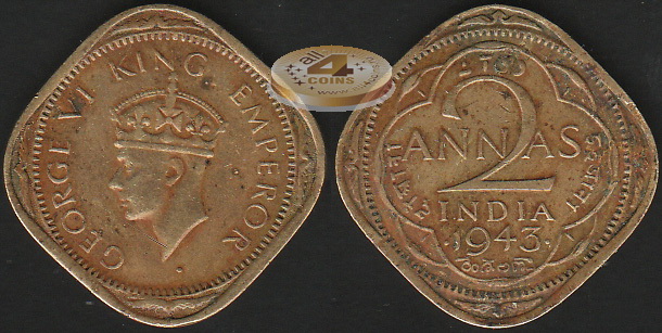 Британская Индия. 2 анна. 1943 (VF)