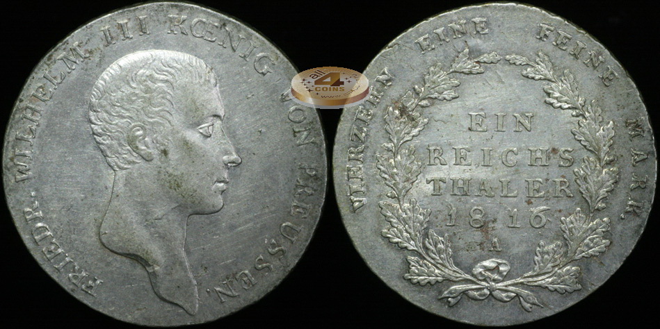 Германия (Пруссия). 1 рейхсталер. 1816 A (aUnc. Серебро)