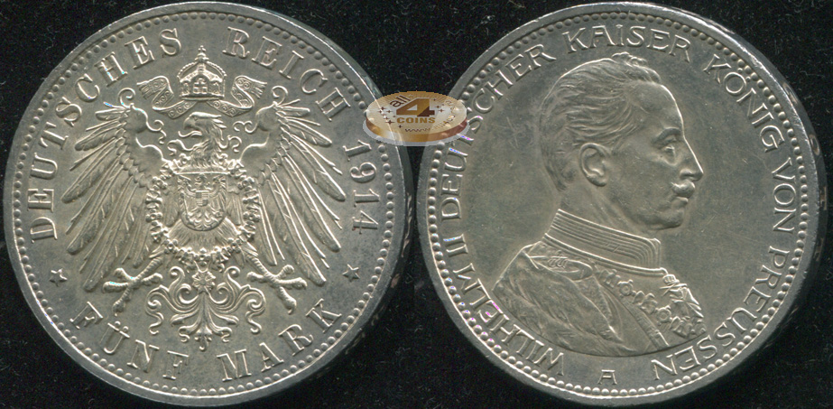 Германия (Пруссия). 5 марок. 1914.A (aUnc. Серебро)
