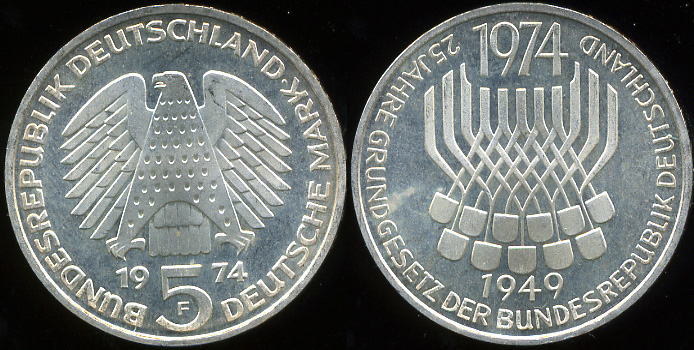 Германия (ФРГ). 5 марок. 1974 (Серебро)