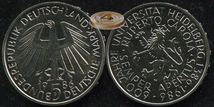 Германия [ФРГ]. 5 марок. 1986.D (Unc)