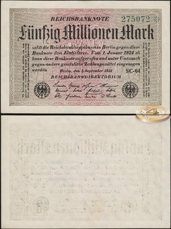 Германия /Веймарская респ./. 50000000 марок (Unc) 1923
