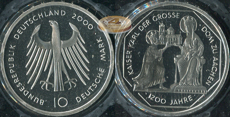 Германия (ФРГ). 10 марок. 2000.F (Proof. Серебро)