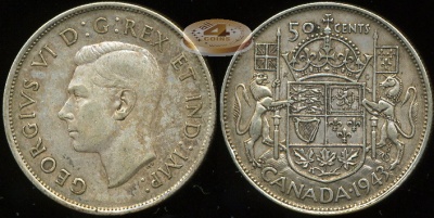 Канада. 50 центов. 1943 (XF+. Серебро)