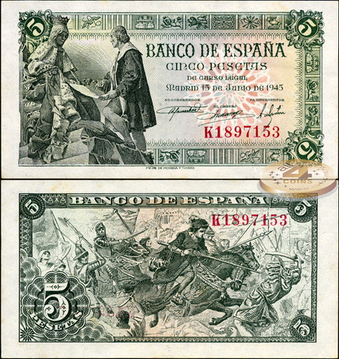 Испания. 5 песет (Unc) 1945