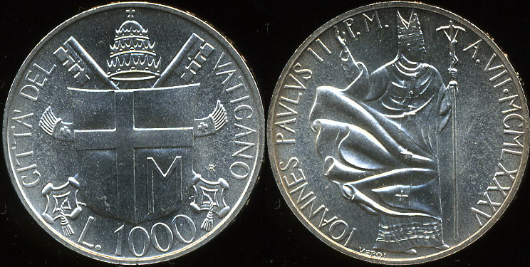 Ватикан. 1000 лир. 1985 (Unc. Серебро)