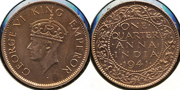 Британская Индия. 1/4 анна. 1941 (Unc)