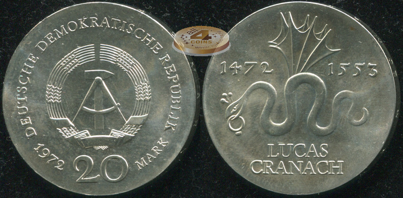 Германия [ГДР]. 20 марок. 1972.A (Unc. Серебро)