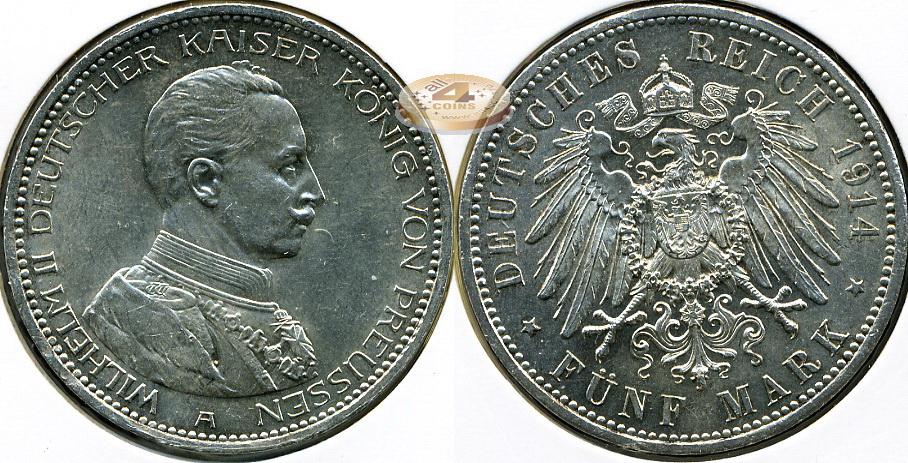 Германия (Пруссия). 5 марок. 1914 A (aUnc. Серебро)
