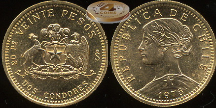 Чили. 20 песо. 1976 (Unc. Золото)