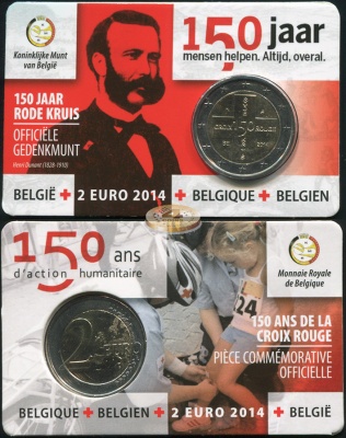 Бельгия. 2 евро. 2014 (BU. Биметалл. CoinCard) 150 лет Бельгийскому Красному Кресту