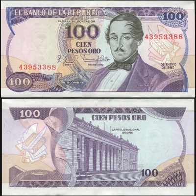 Колумбия Банкнота 100 песо оро 01.01.1980 Unc Бумага Кат# P.418b