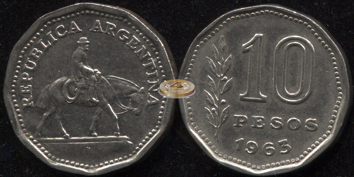 Аргентина. Монета 10 песо. 1963 (KM#60. aUnc)