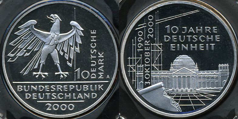 Германия (ФРГ). 10 марок. 2000 (A) (Proof. Серебро)