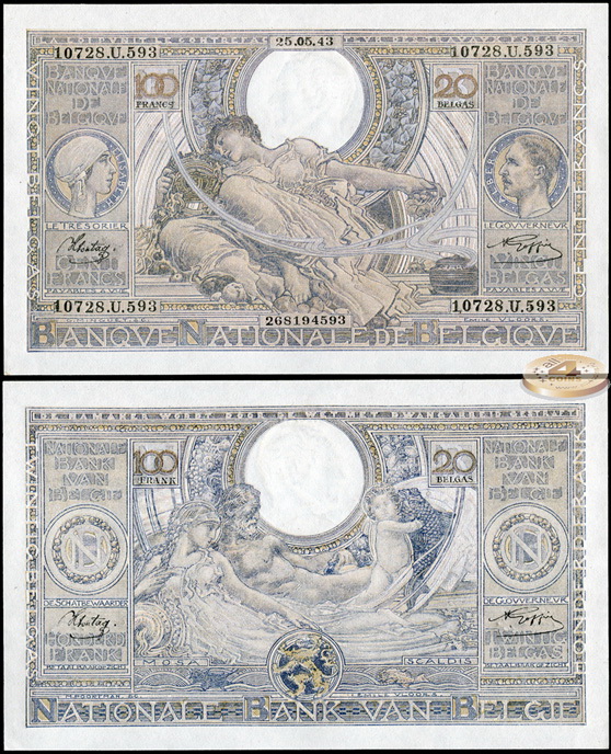 Бельгия. 100 франков/20 белгов (Unc) 1943