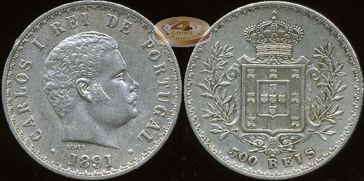 Португалия. 500 рейс. 1891 (aXF. Серебро)