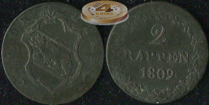 Швейцария (Берн). 2 раппена. 1809 (VF.Биллон)