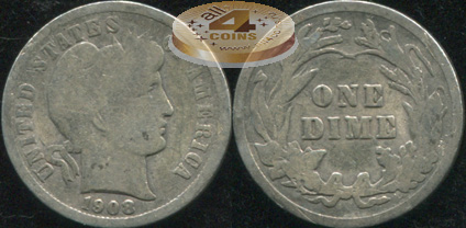 США. 10 центов (Дайм). 1908 (AG. Серебро)