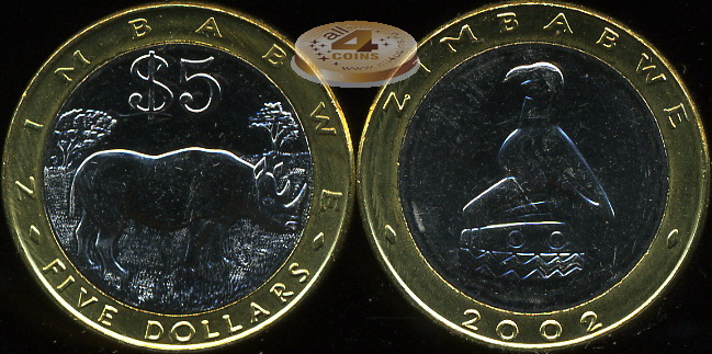 Зимбабве. 5 долларов. 2002 (Unc. Биметалл)