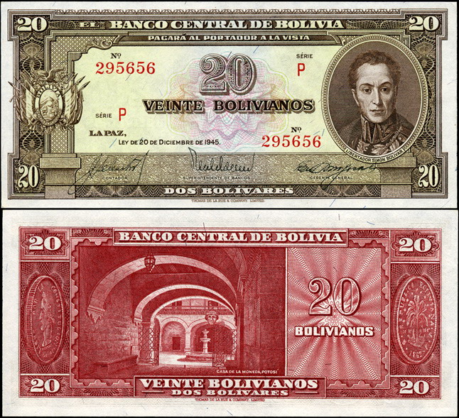 Боливия. 20 боливиано (Unc) 1945
