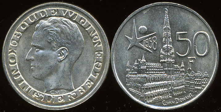 Бельгия. 50 франков. 1958 (Unc. Серебро)
