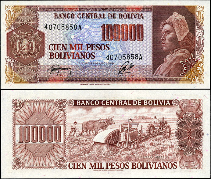 Боливия. 100000 песо (Unc) 1984