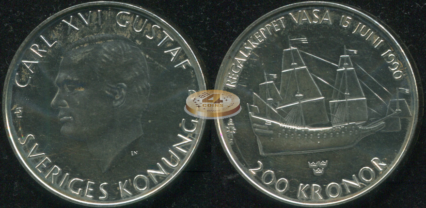 Швеция. 200 крон. 1990 (Unc. Серебро)