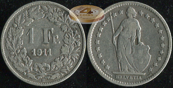 Швейцария. 1 франк. 1911 (aVF. Серебро)
