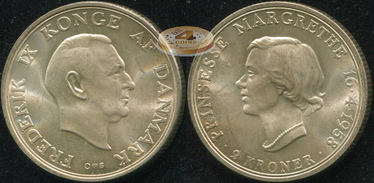 Дания. 2 кроны. 1958 (Unc. Серебро)