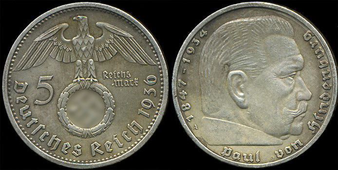 Германия (3й рейх). 5 марок. 1936. (Unc. Серебро)