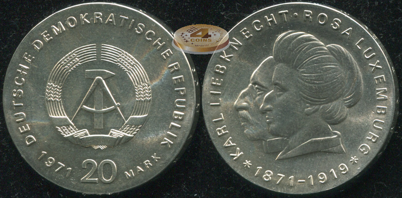 Германия (ГДР). 20 марок. 1971.A (Unc. Серебро)