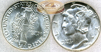 США. 10 центов (Дайм). 1944 (BU. Серебро / MS-68, слаб)