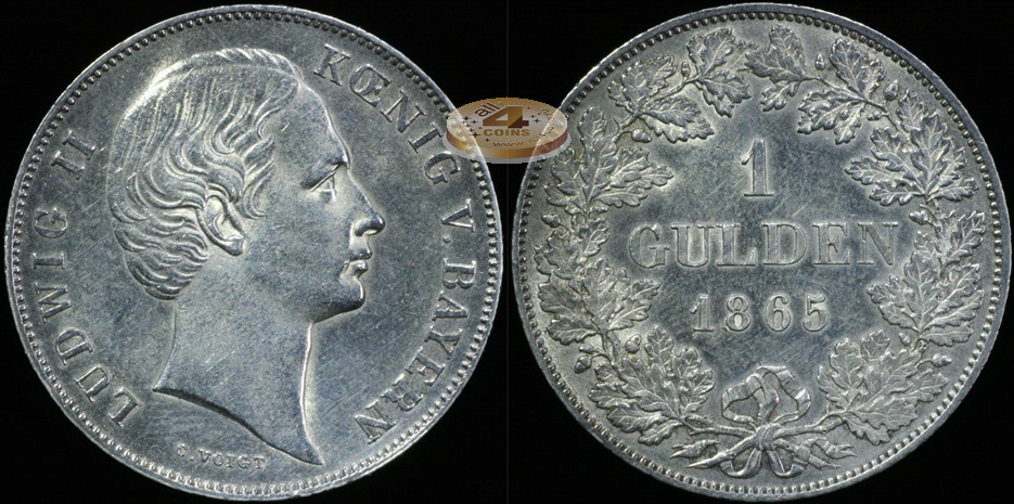 Германия (Бавария). 1 гульден. 1865 (XF. Серебро)