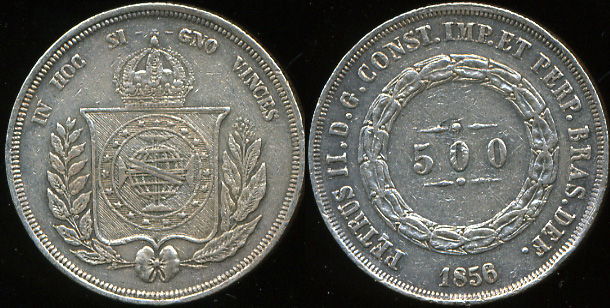 Бразилия. 500 рейс. 1856 (XF-. Серебро)