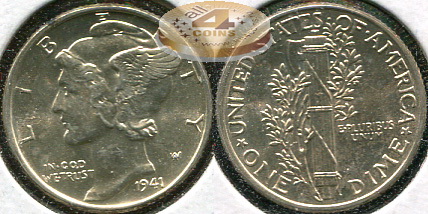 США. 10 центов (Дайм). 1941 (Unc. Серебро)