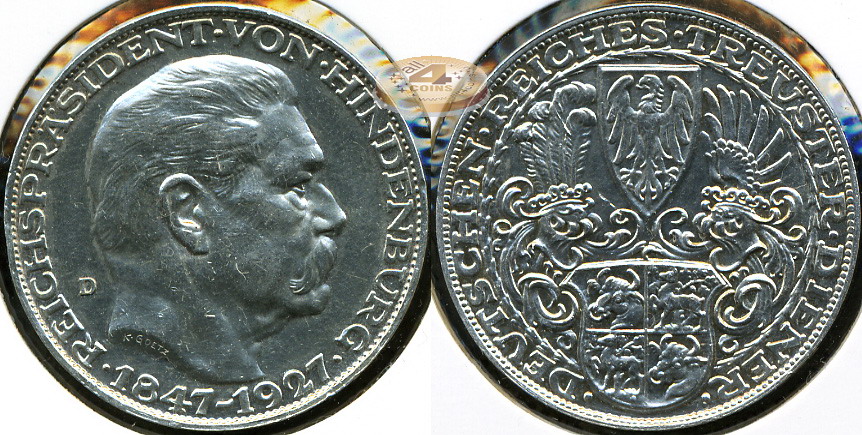 Германия (Веймар). 5 рейхсмарок.1927 (Unc. Серебро)