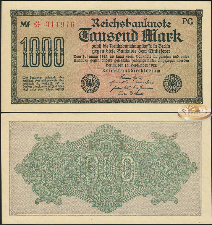Германия (Веймарская респ.). 1000 марок (Unc) 1922