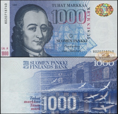 Финляндия. Банкнота 1000 финских марок. 1986(1991). Unc. Бумага. Кат.# P.121