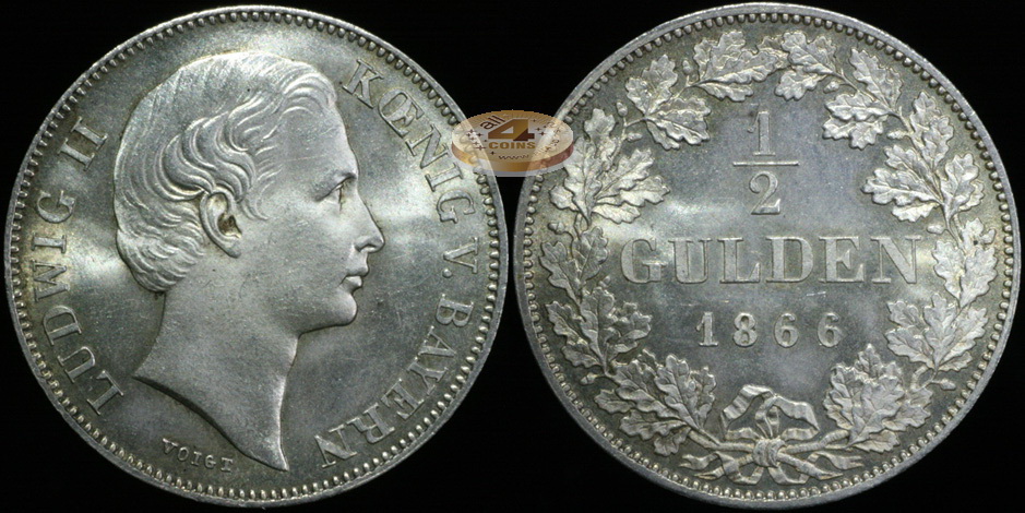 Германия (Бавария). 1/2 гульдена. 1866 (Unc. Серебро)