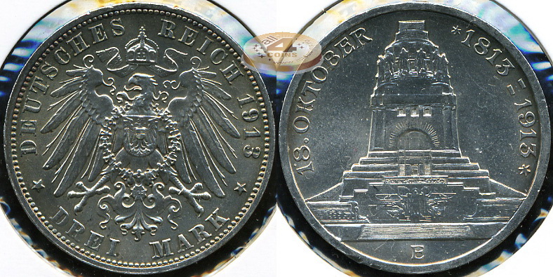 Германия (Саксония). 3 марки. 1913 E (Unc. Серебро)