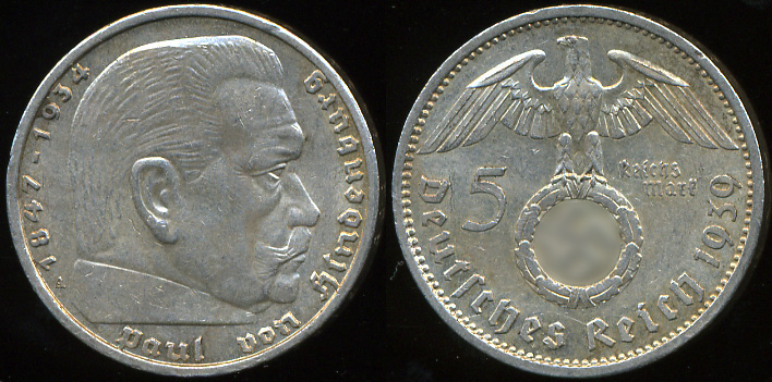 Германия (3й рейх). 5 рейхсмарок.1939 (A) (aUnc)