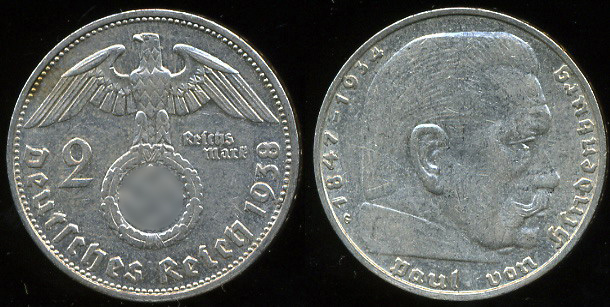 Германия (3й рейх). 2 марки. 1938 (XF. Серебро)