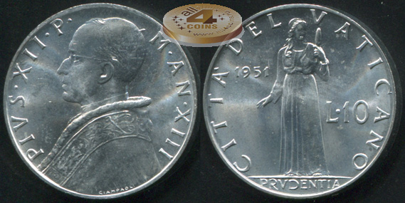 Ватикан. 10 лир. 1951 (Unc)