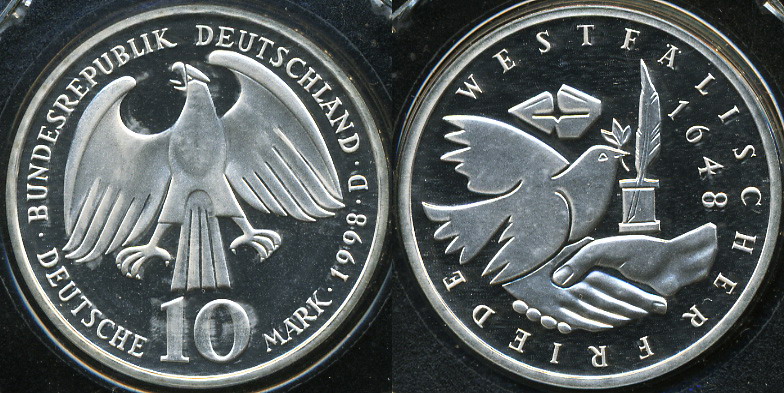 Германия (ФРГ). 10 марок. 1998 (D) (Proof. Серебро)