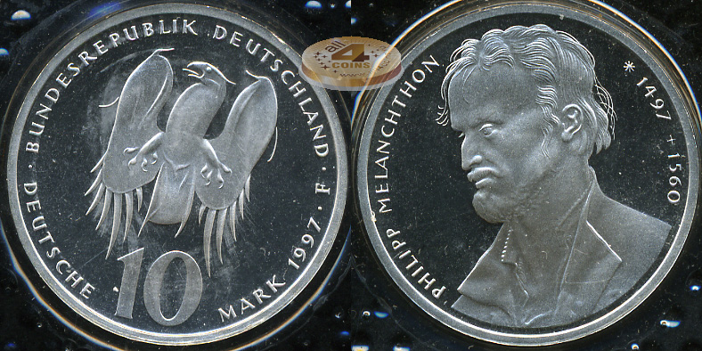 Германия (ФРГ). 10 марок. 1997 F (Proof. Серебро)